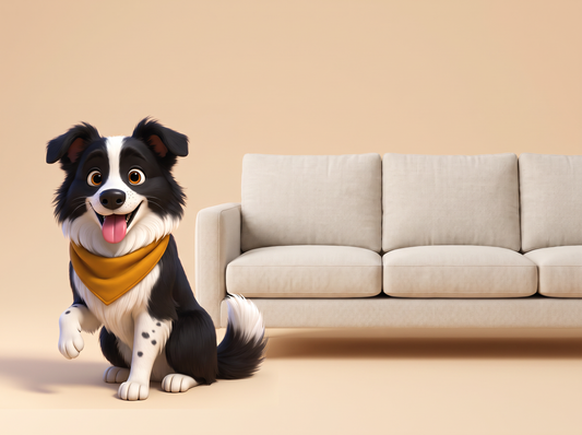 Caipi, a black and white Border Collie, sitting next to a sofa