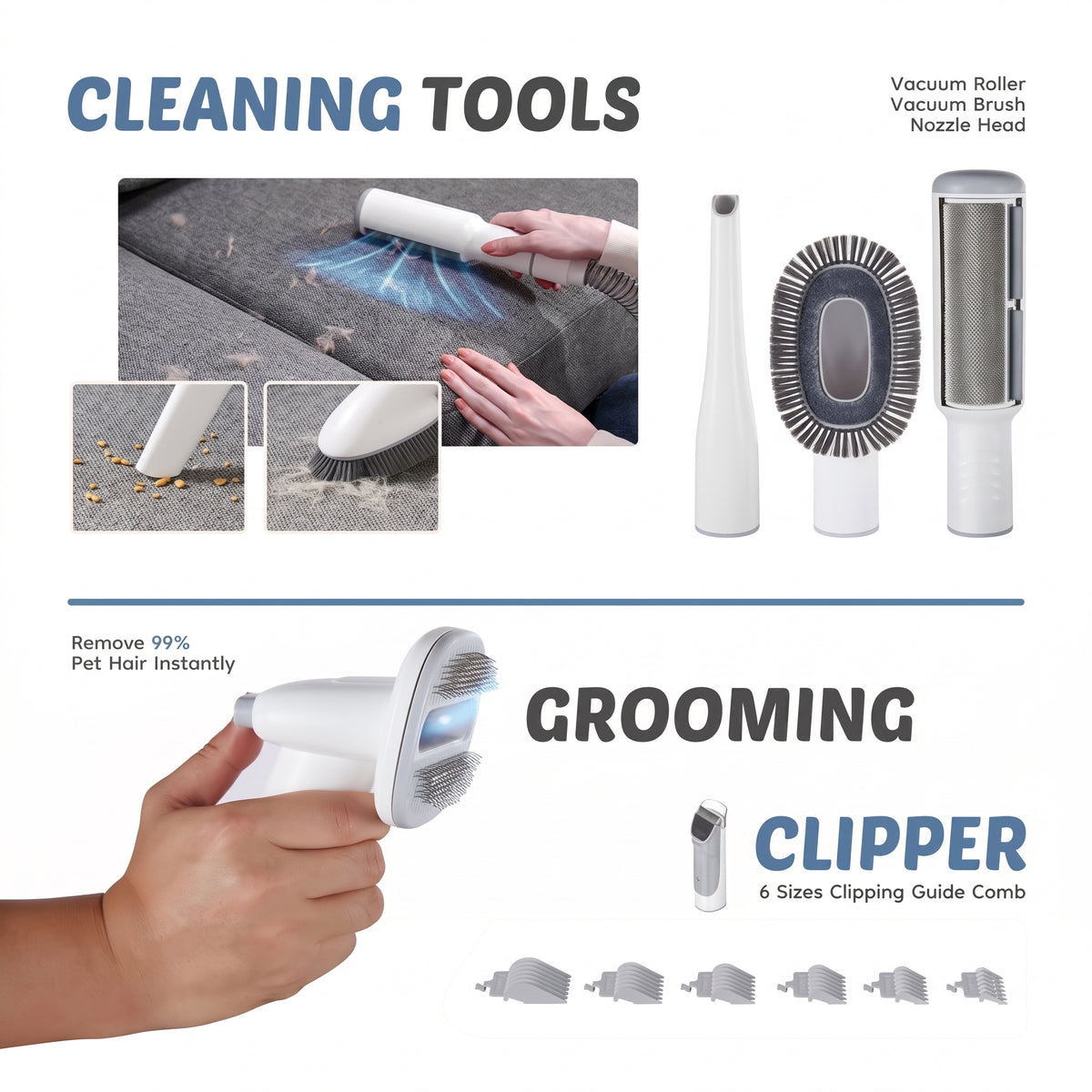 The sofa fur tools and the electric clipper with its six guide combs