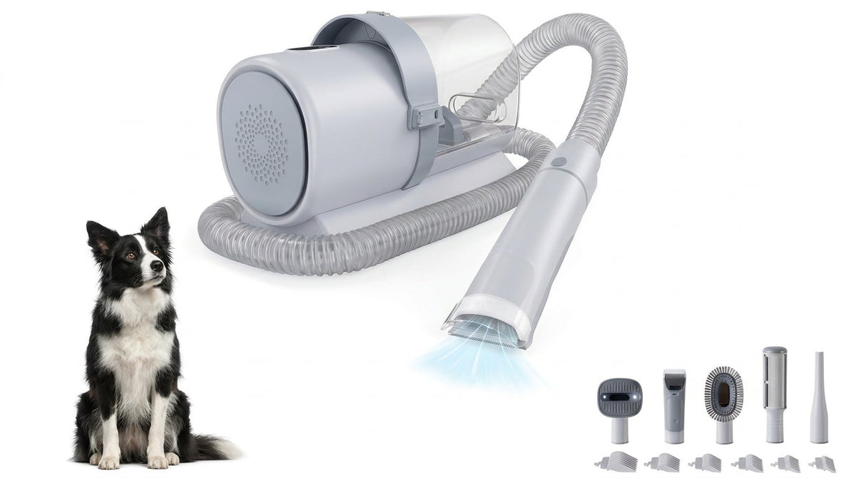 The Shed Vacuum in Gray with its tools, next to a Border Collie