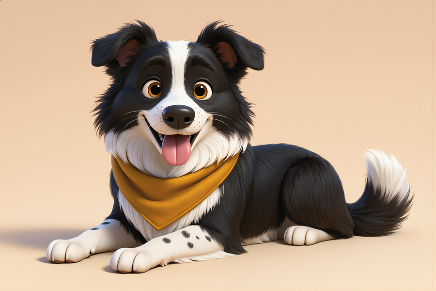 Caipi, a black and white Border Collie in an amber bandana, lying down