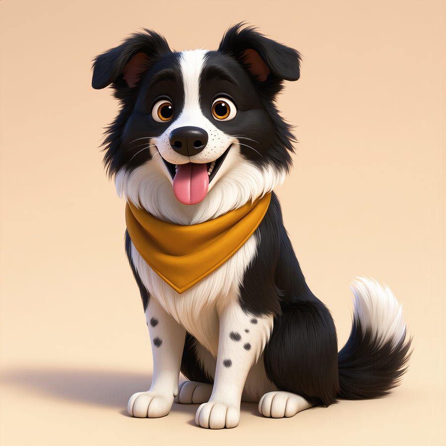 Caipi, a black and white Border Collie in an amber bandana, sitting and smiling